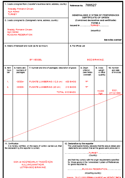 FORM A BELGESİ (Certificate of Origin)