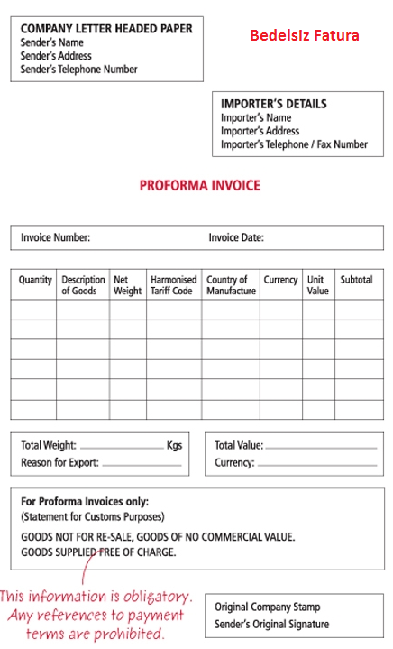 (Bedelsiz Fatura) Proforma