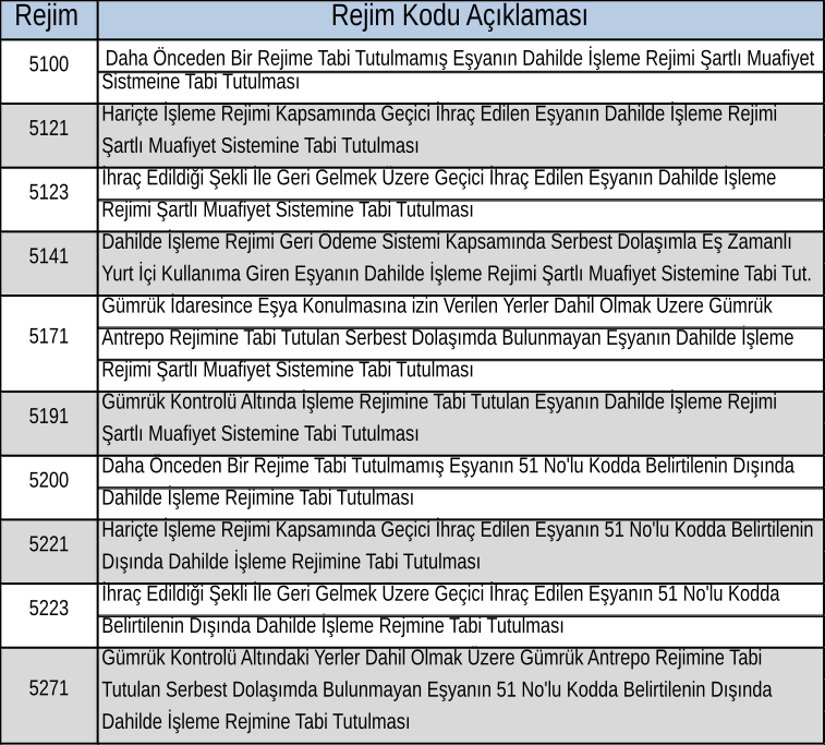 5100–5300 dahilde işleme ve geçici ithalat kodları