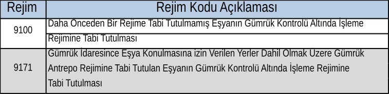 9100–9171 gümrük kontrolü altında işleme kodları